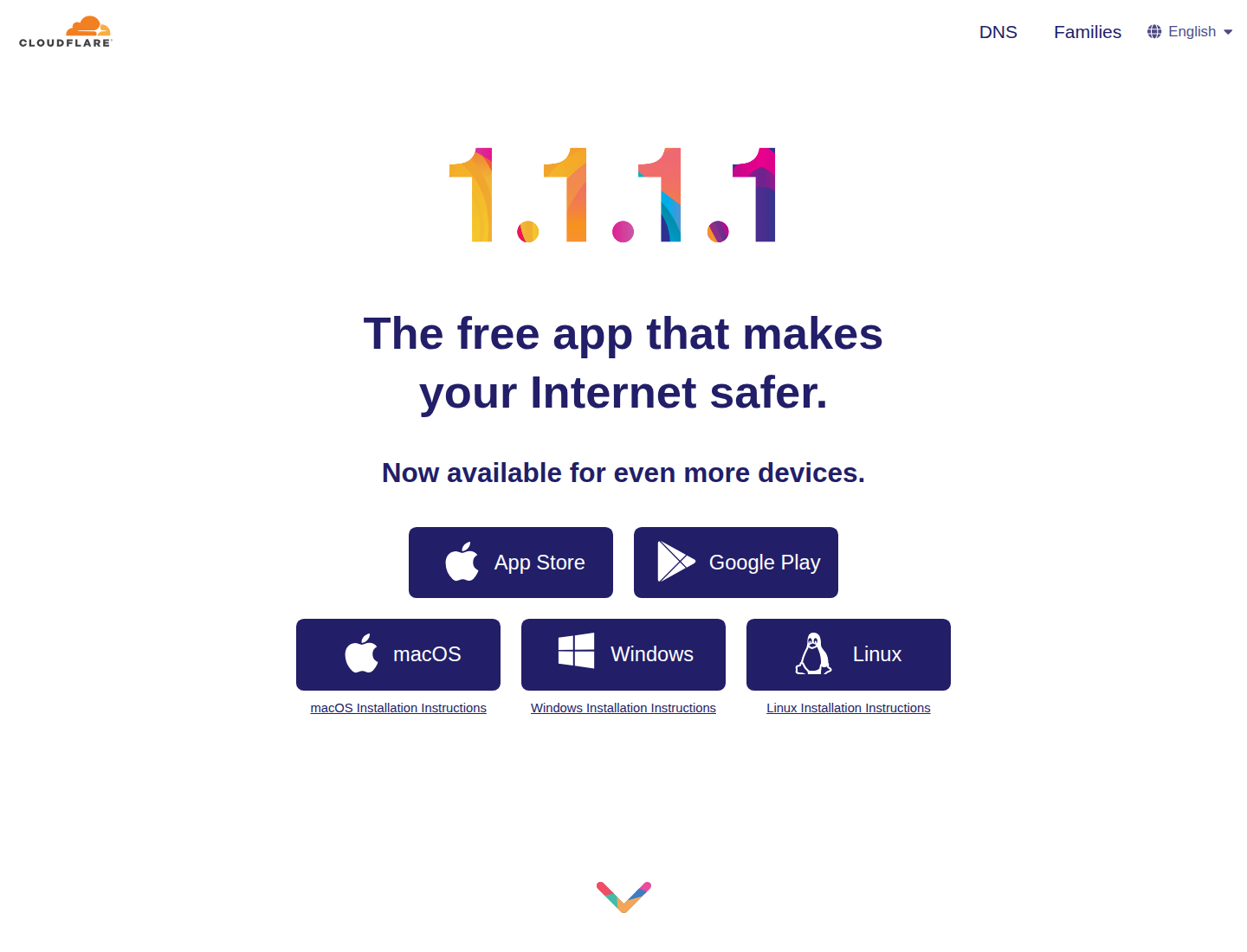 Screenshot halaman resmi Cloudflare 1.1.1.1 yang menyediakan aplikasi WARP untuk mobile, macOS, Windows, dan Linux.