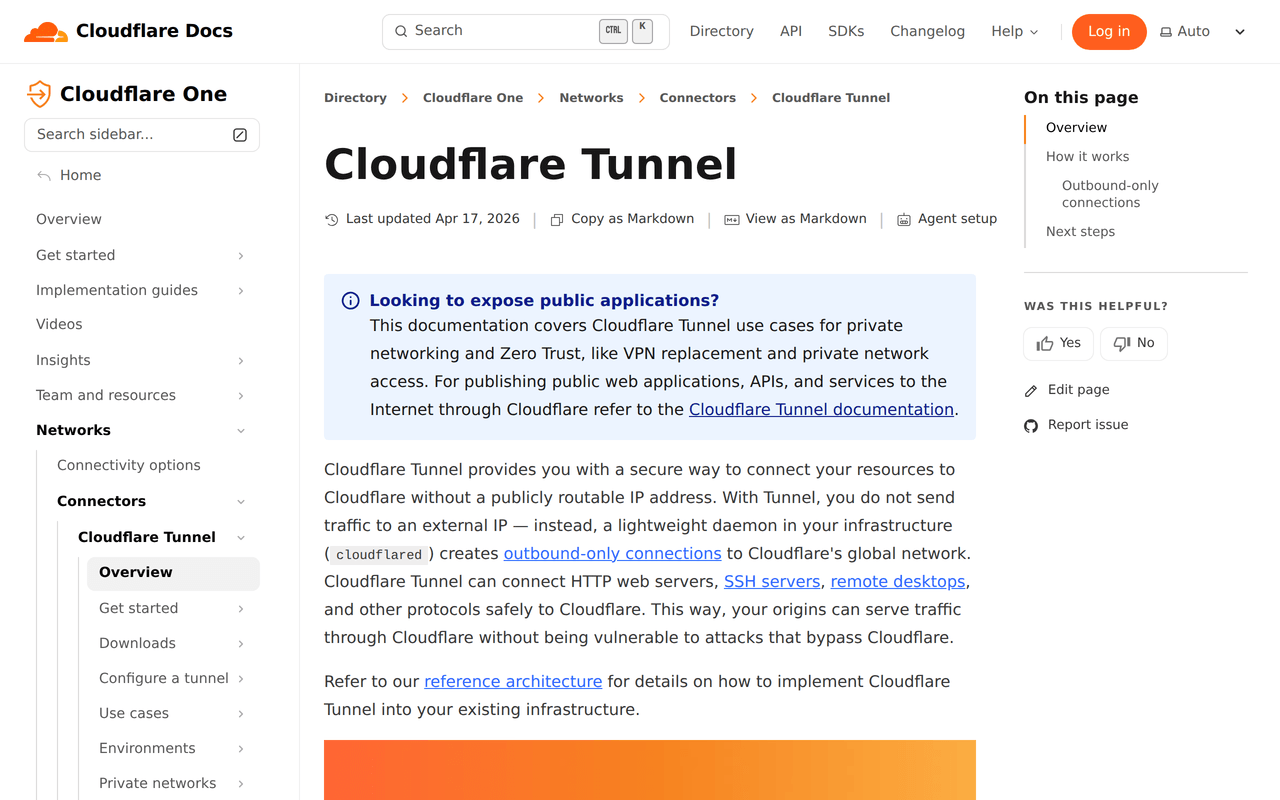 Screenshot halaman dokumentasi resmi Cloudflare Tunnel yang menjelaskan koneksi outbound-only tanpa membuka port.