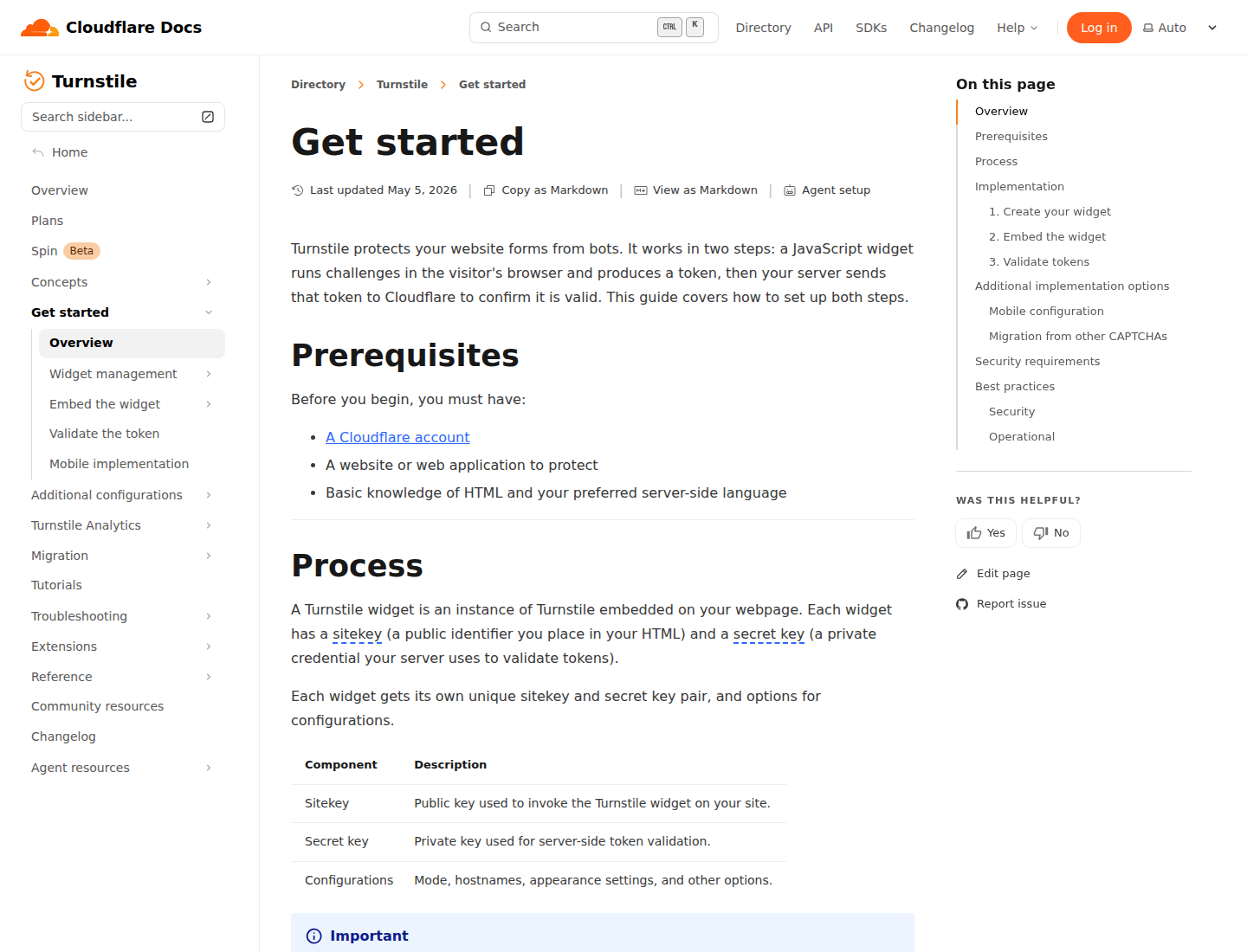 Screenshot dokumentasi Cloudflare Turnstile get started yang menjelaskan proses pembuatan widget, embed, dan validasi token.