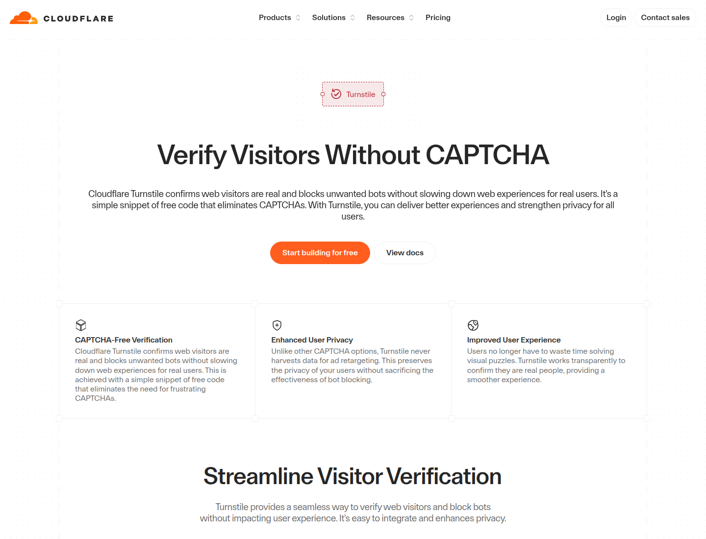Screenshot halaman produk Cloudflare Turnstile yang memperkenalkan alternatif CAPTCHA dari Cloudflare.