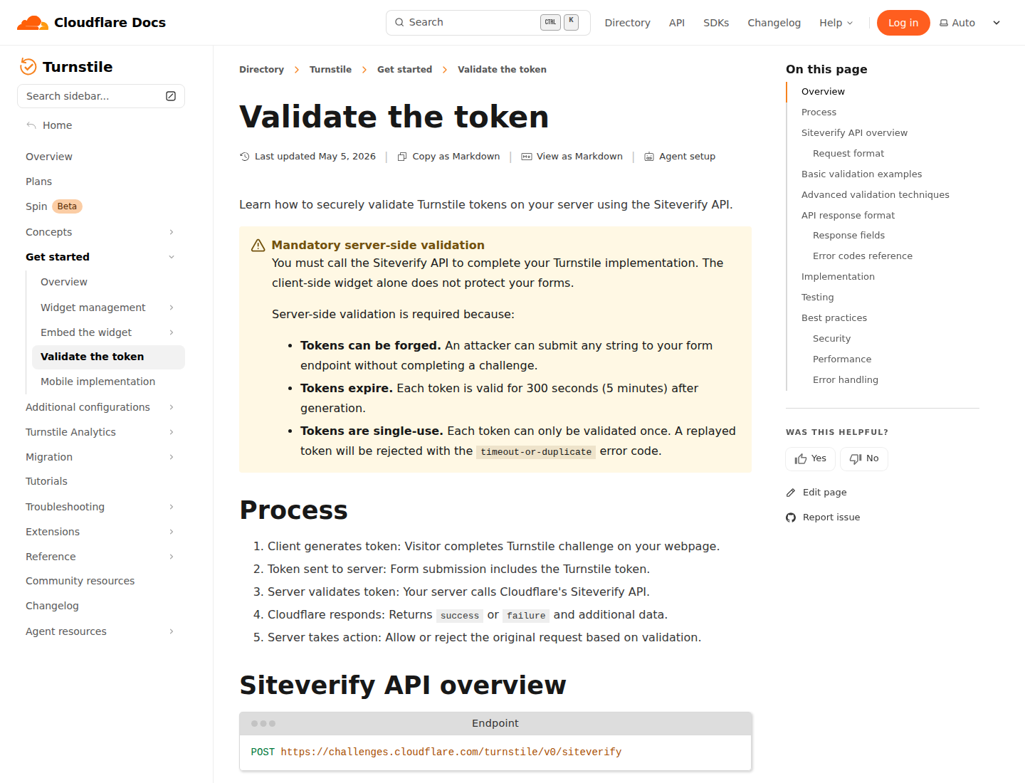 Screenshot dokumentasi Cloudflare Turnstile server-side validation yang menjelaskan Siteverify API.