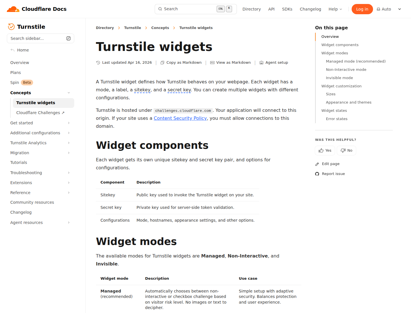 Screenshot dokumentasi Cloudflare Turnstile widget modes yang menjelaskan Managed, Non-Interactive, dan Invisible mode.