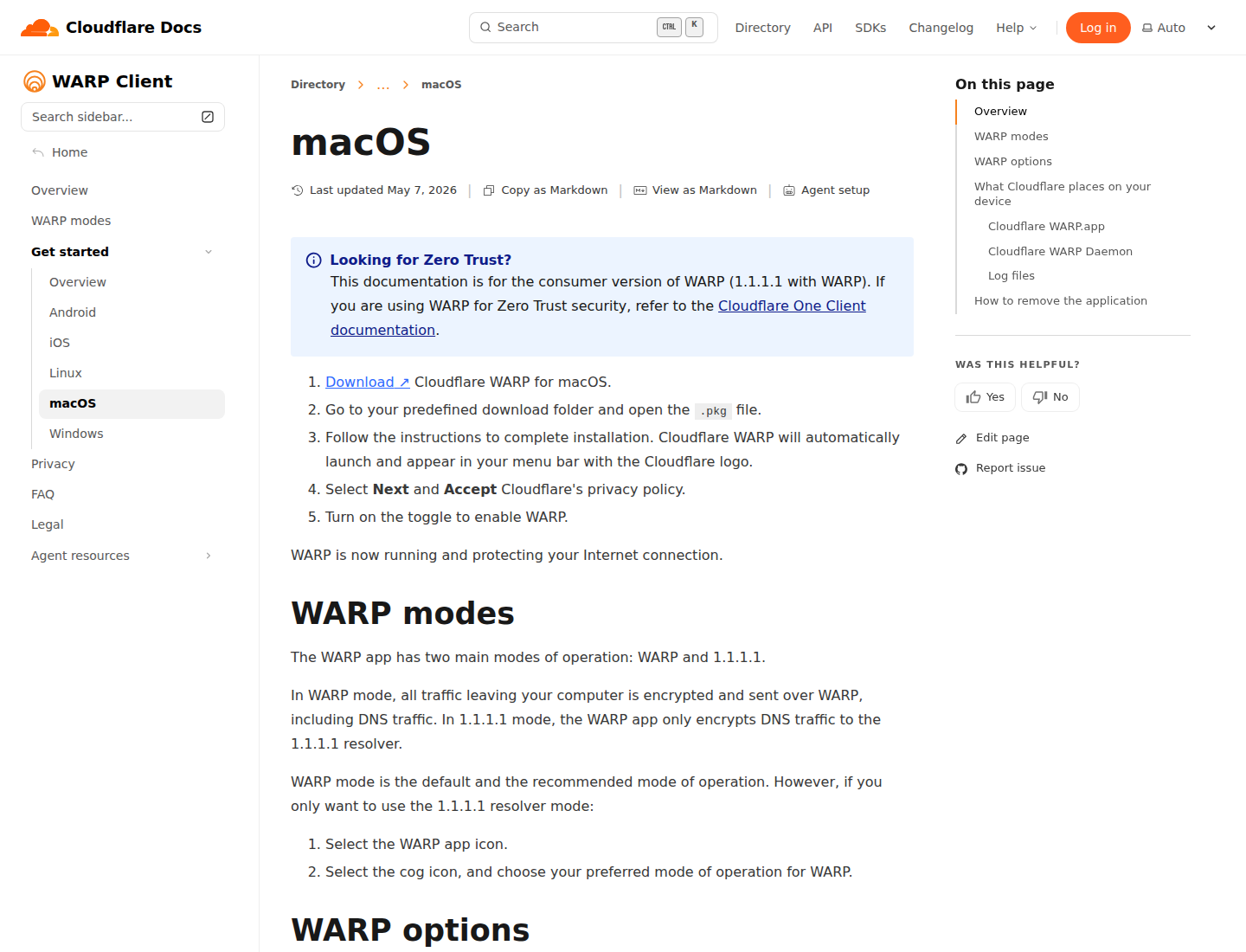Screenshot dokumentasi resmi Cloudflare untuk instalasi WARP di macOS.