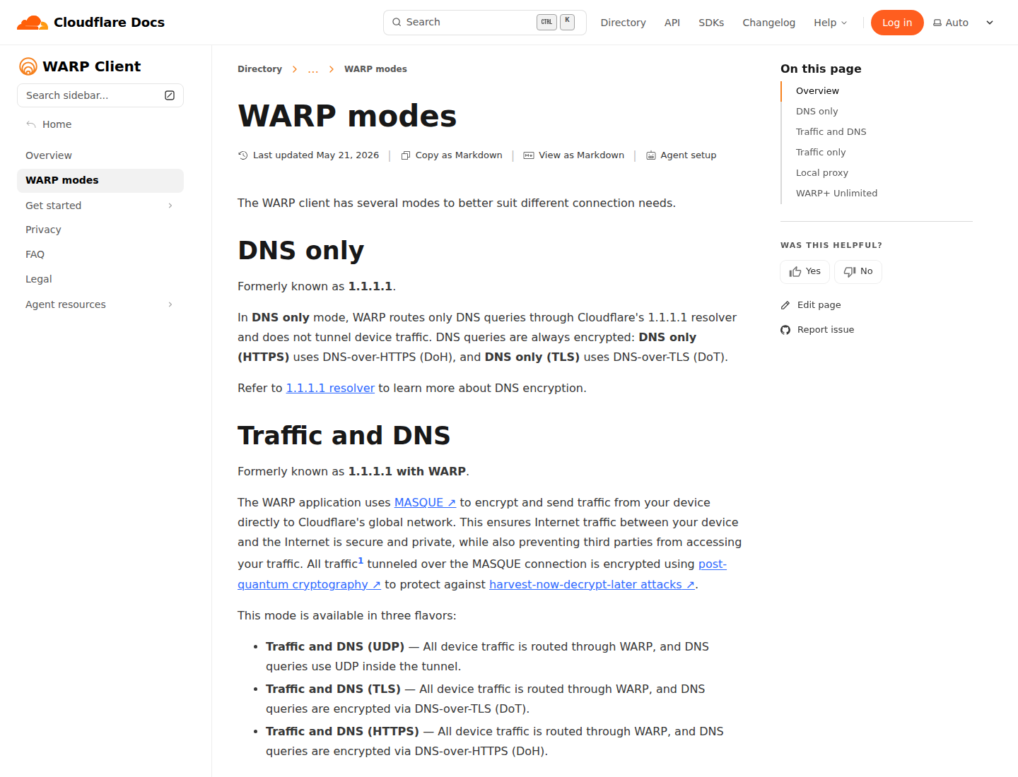 Screenshot dokumentasi Cloudflare WARP modes yang menjelaskan DNS only, Traffic and DNS, Traffic only, dan Local proxy.