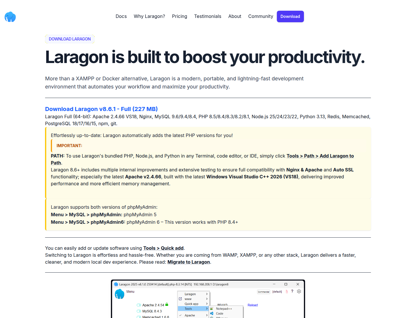 Screenshot halaman download resmi Laragon yang menampilkan versi terbaru dan paket Full.