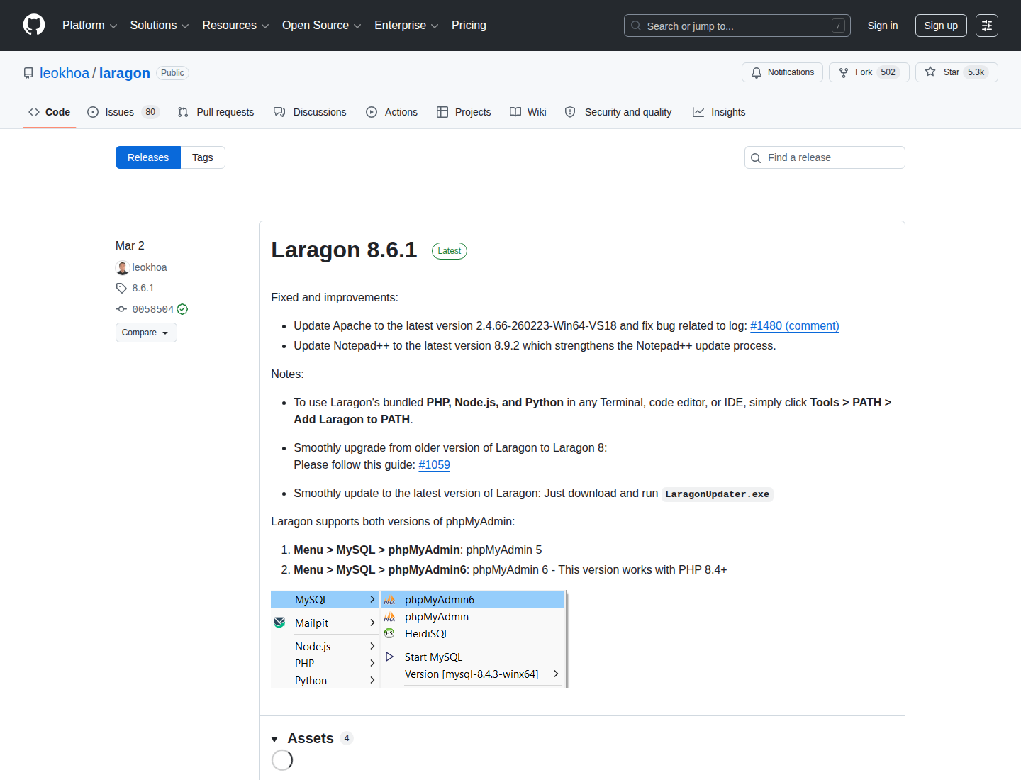 Screenshot GitHub Releases Laragon yang menampilkan daftar versi dan release sebelumnya.