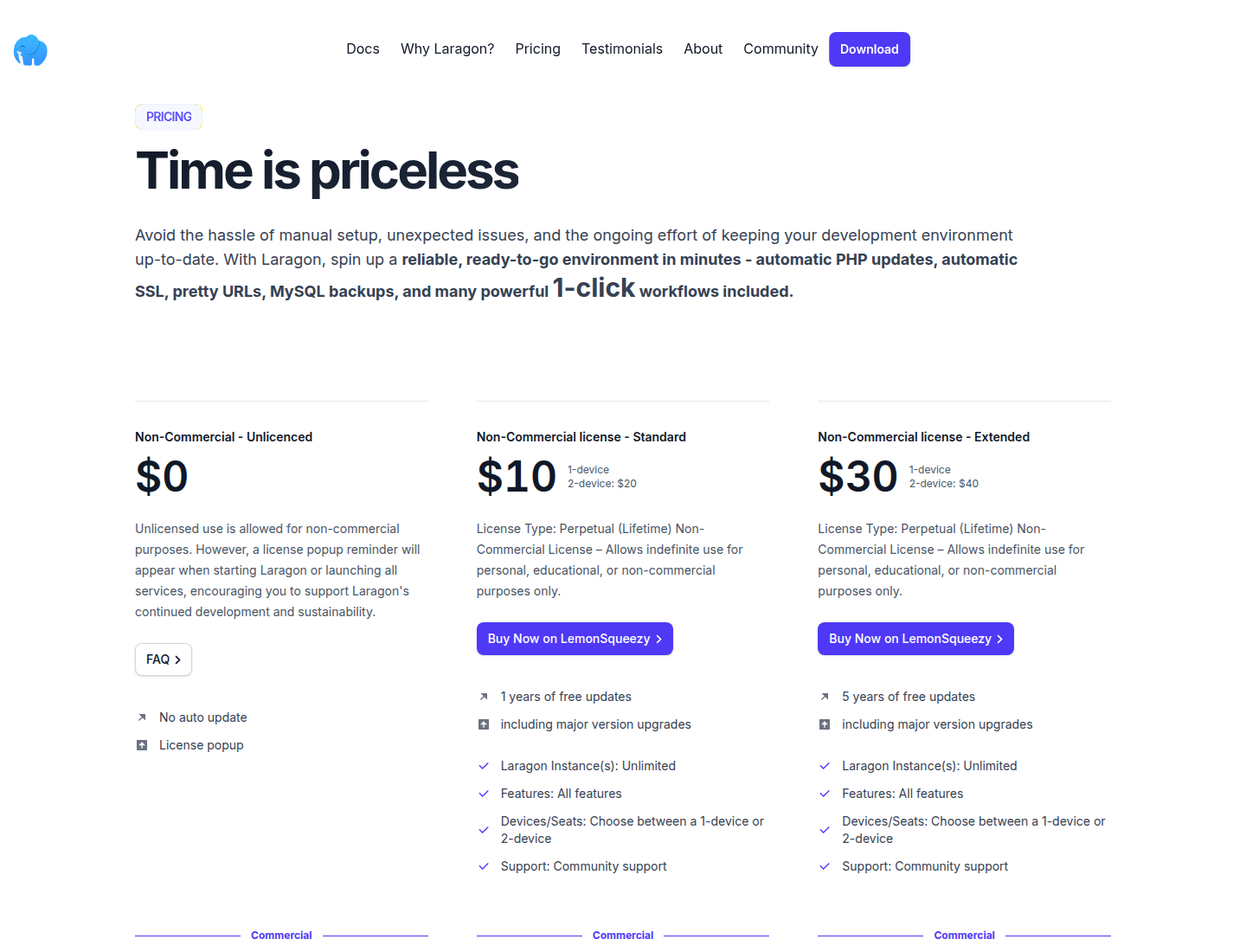 Screenshot halaman pricing resmi Laragon yang menjelaskan opsi unlicensed, non-commercial, dan commercial.