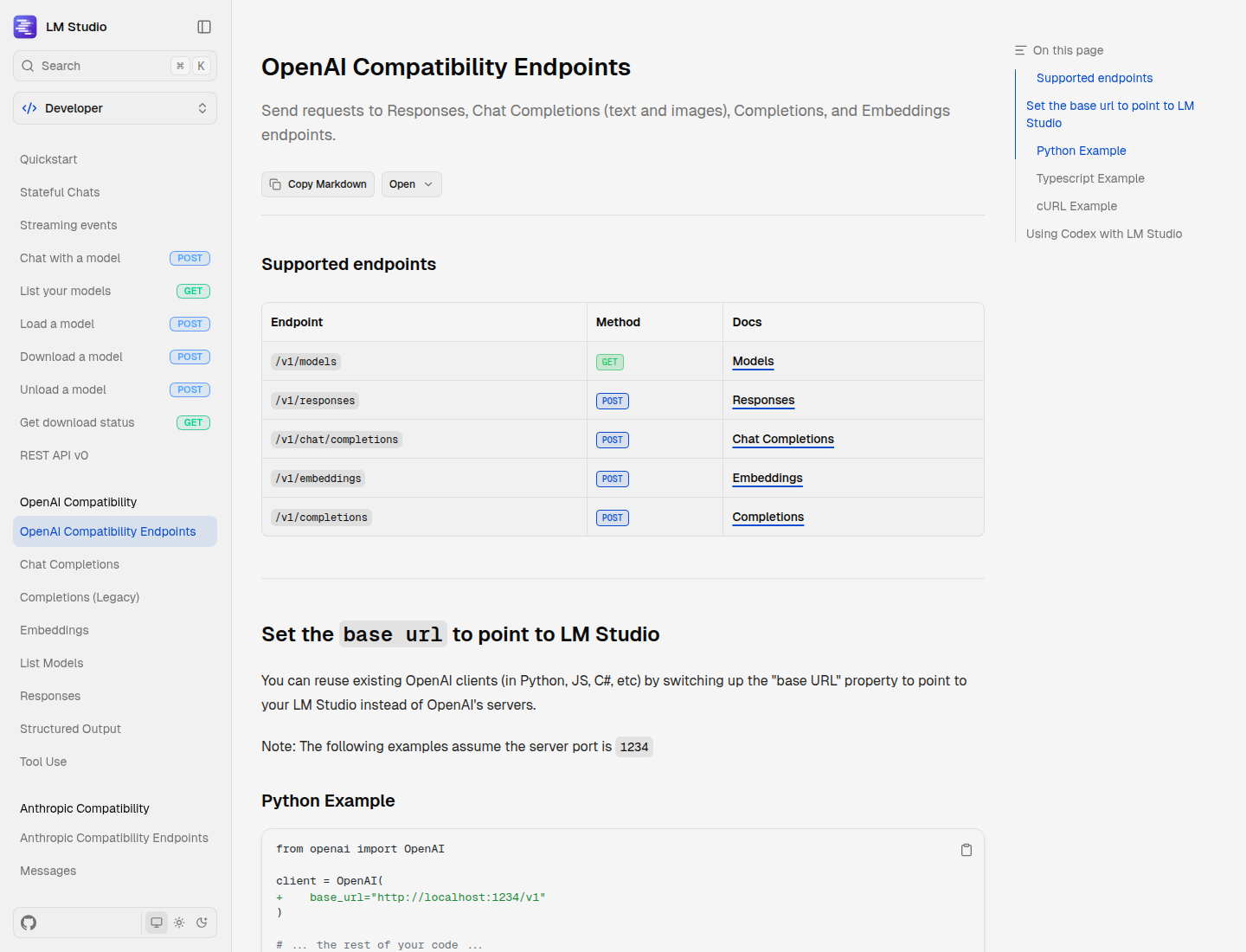 Screenshot dokumentasi LM Studio tentang OpenAI-compatible local server.