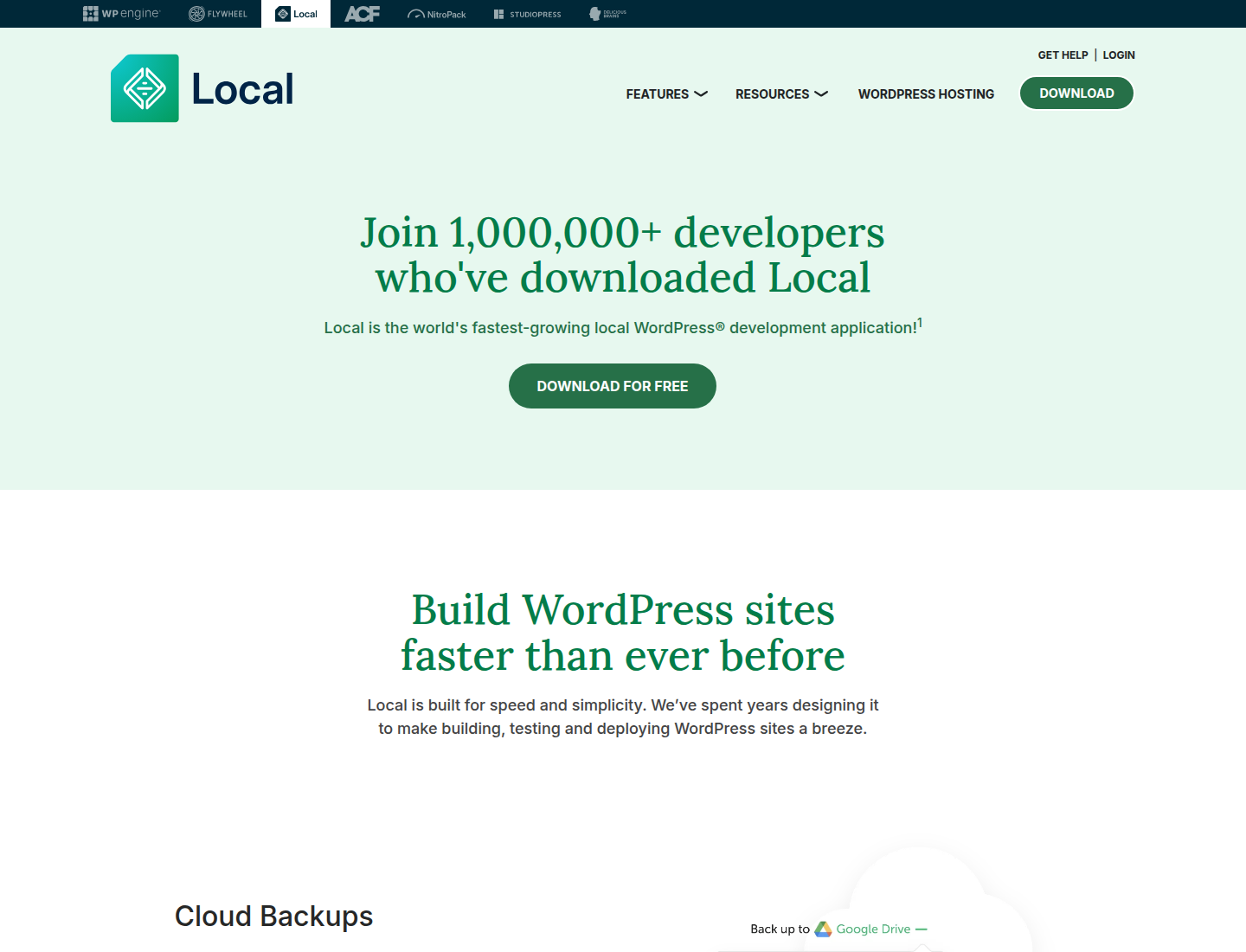 Screenshot halaman fitur resmi LocalWP yang menampilkan fitur seperti Live Links, hot-swap environments, WP-CLI, Mailpit, dan Blueprints.
