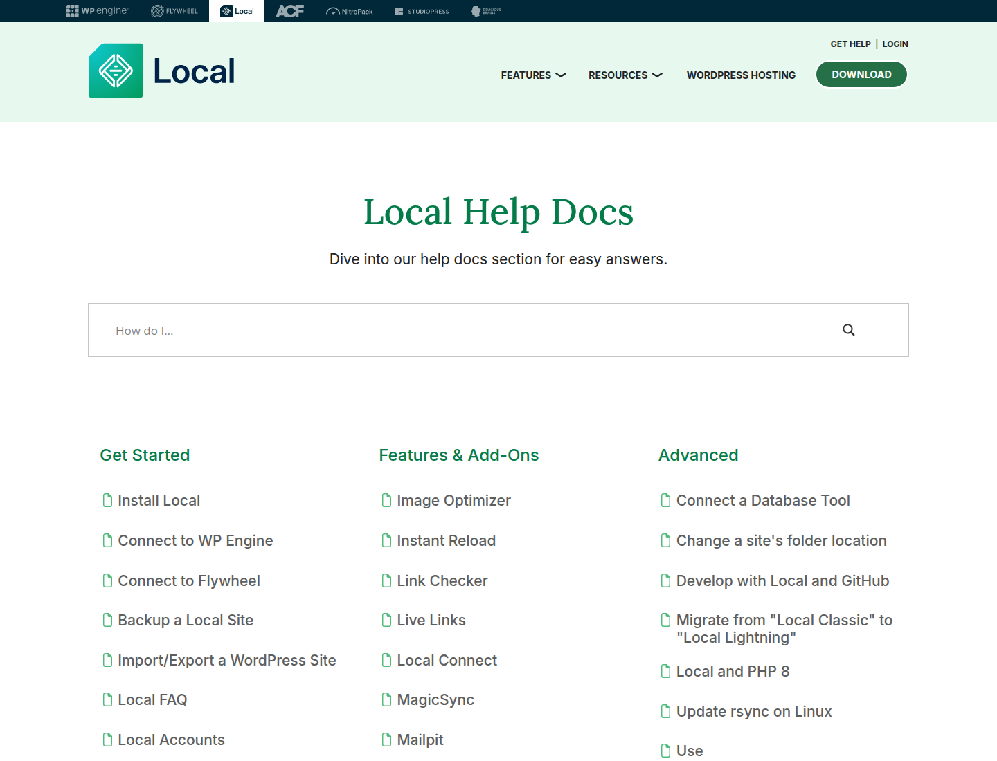 Screenshot halaman Help Docs resmi LocalWP yang berisi dokumentasi fitur dan workflow Local.