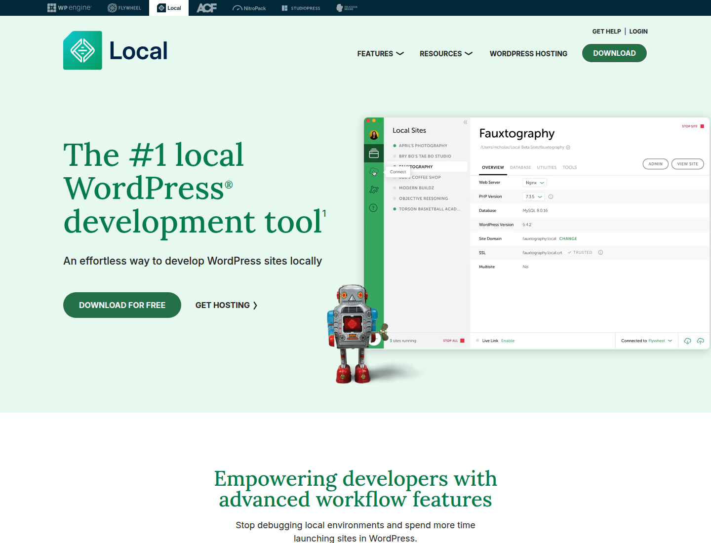Screenshot halaman resmi LocalWP yang menampilkan Local sebagai tool local WordPress development.