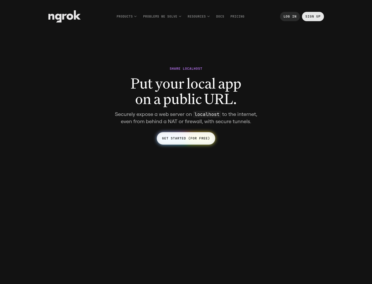 Screenshot halaman resmi ngrok tentang penggunaan ngrok untuk membagikan localhost.