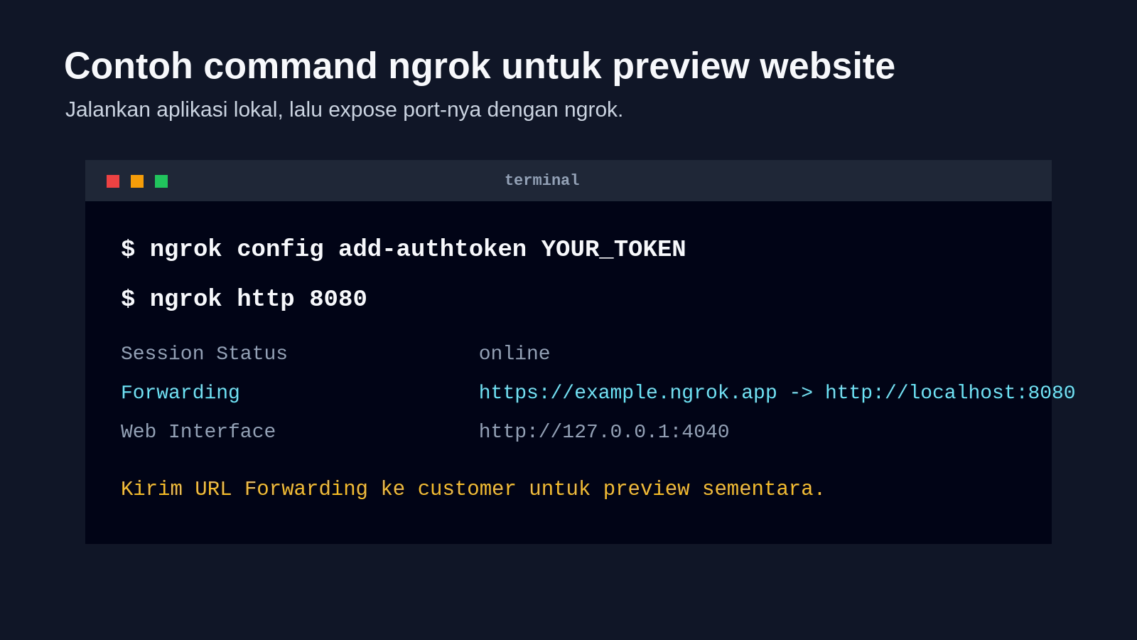 Contoh tampilan terminal saat menjalankan ngrok untuk membuka akses preview lokal.