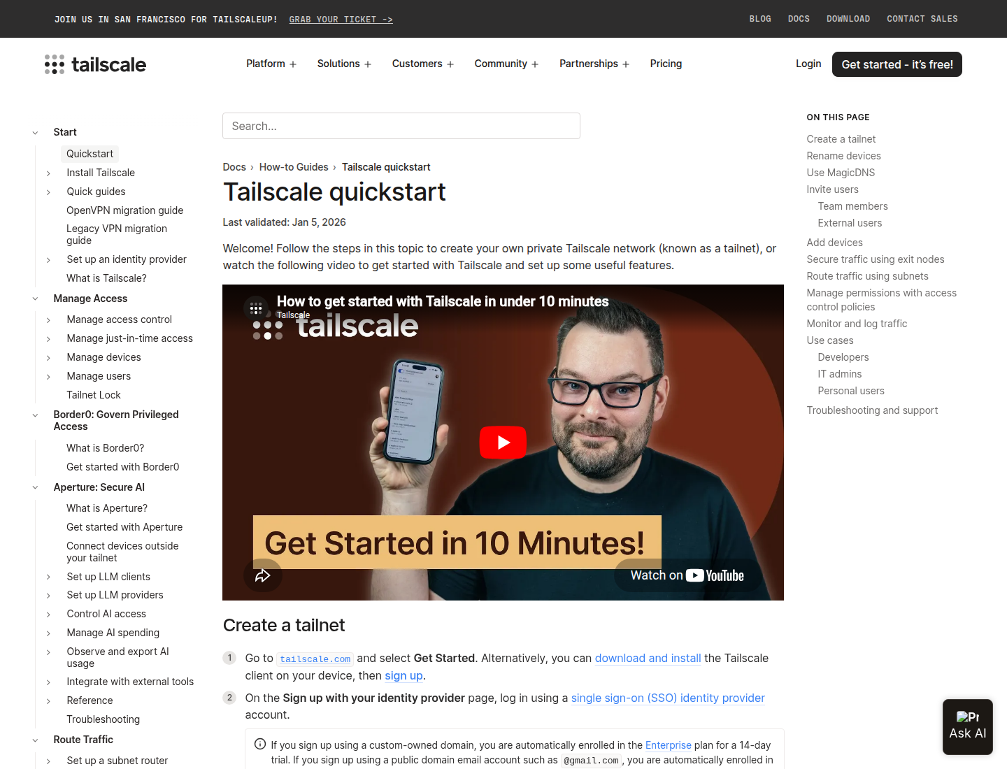 Screenshot dokumentasi Tailscale Quickstart untuk membuat tailnet dan menambahkan perangkat.