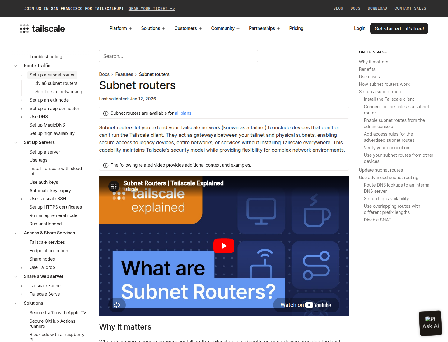 Screenshot dokumentasi resmi Tailscale tentang subnet routers untuk menghubungkan tailnet dengan subnet fisik.
