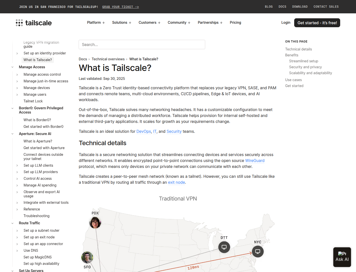 Screenshot dokumentasi resmi Tailscale tentang konsep dasar Tailscale dan tailnet.