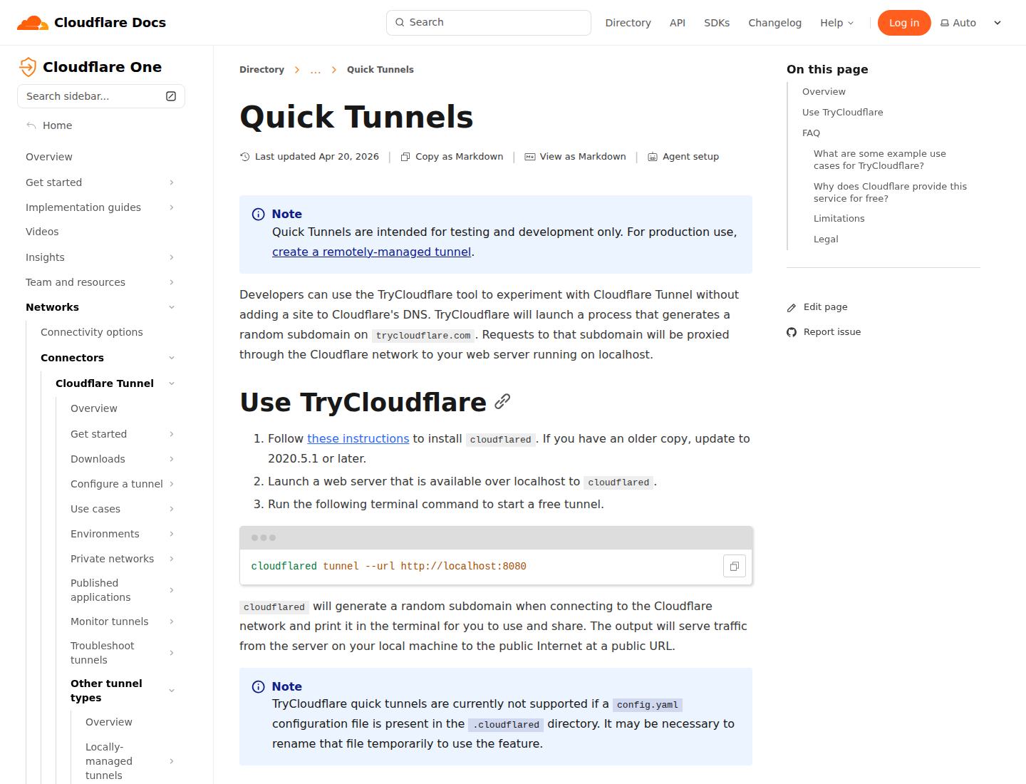 Screenshot dokumentasi resmi Cloudflare tentang TryCloudflare dan Quick Tunnels.