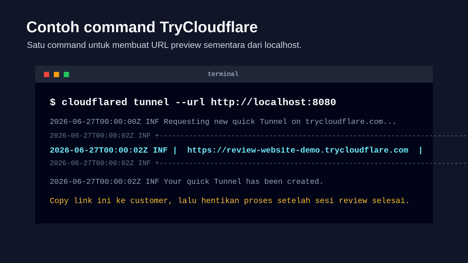 Contoh tampilan terminal ketika menjalankan command TryCloudflare untuk membuat link preview sementara.