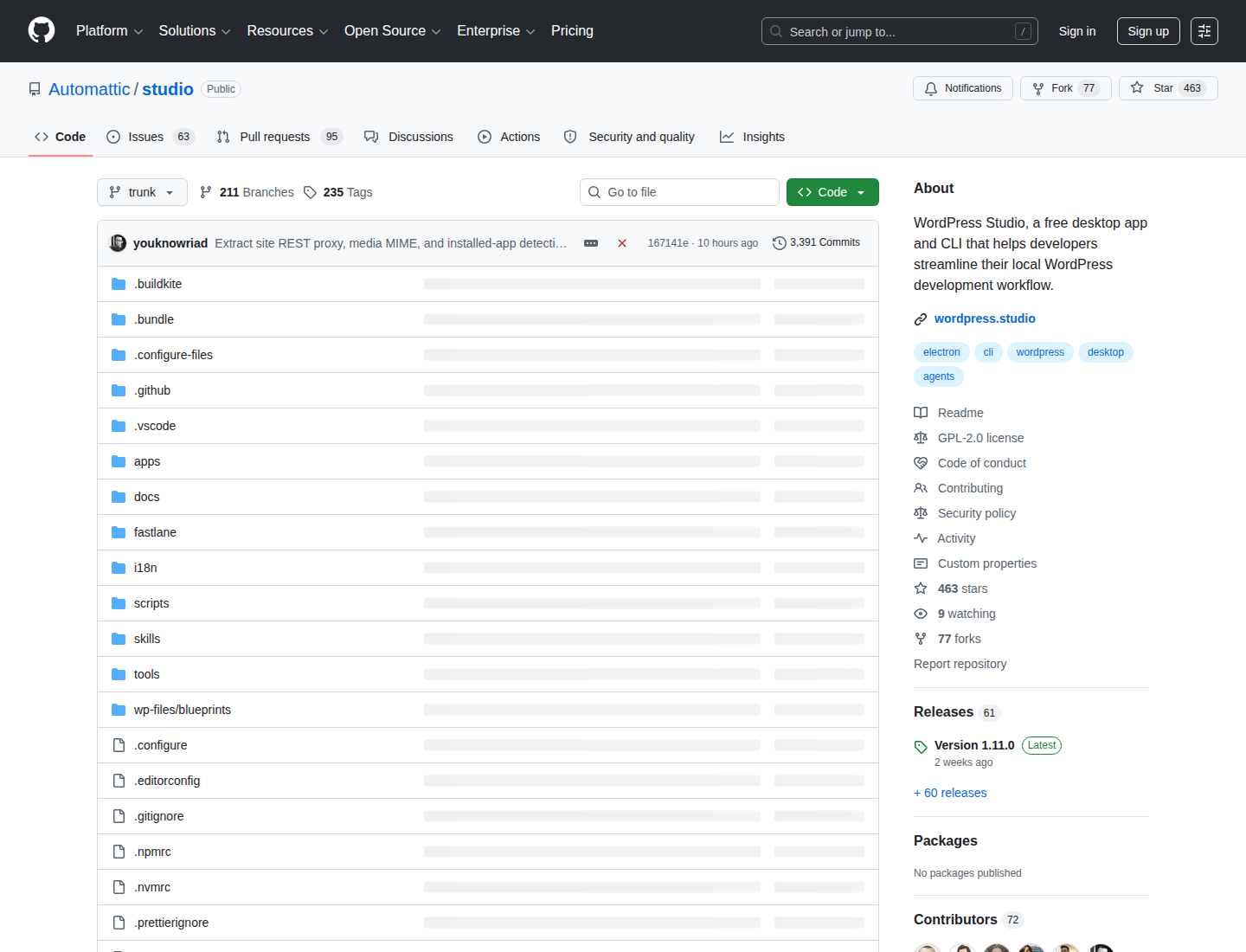Screenshot GitHub resmi Automattic Studio yang menunjukkan WordPress Studio sebagai proyek open source.