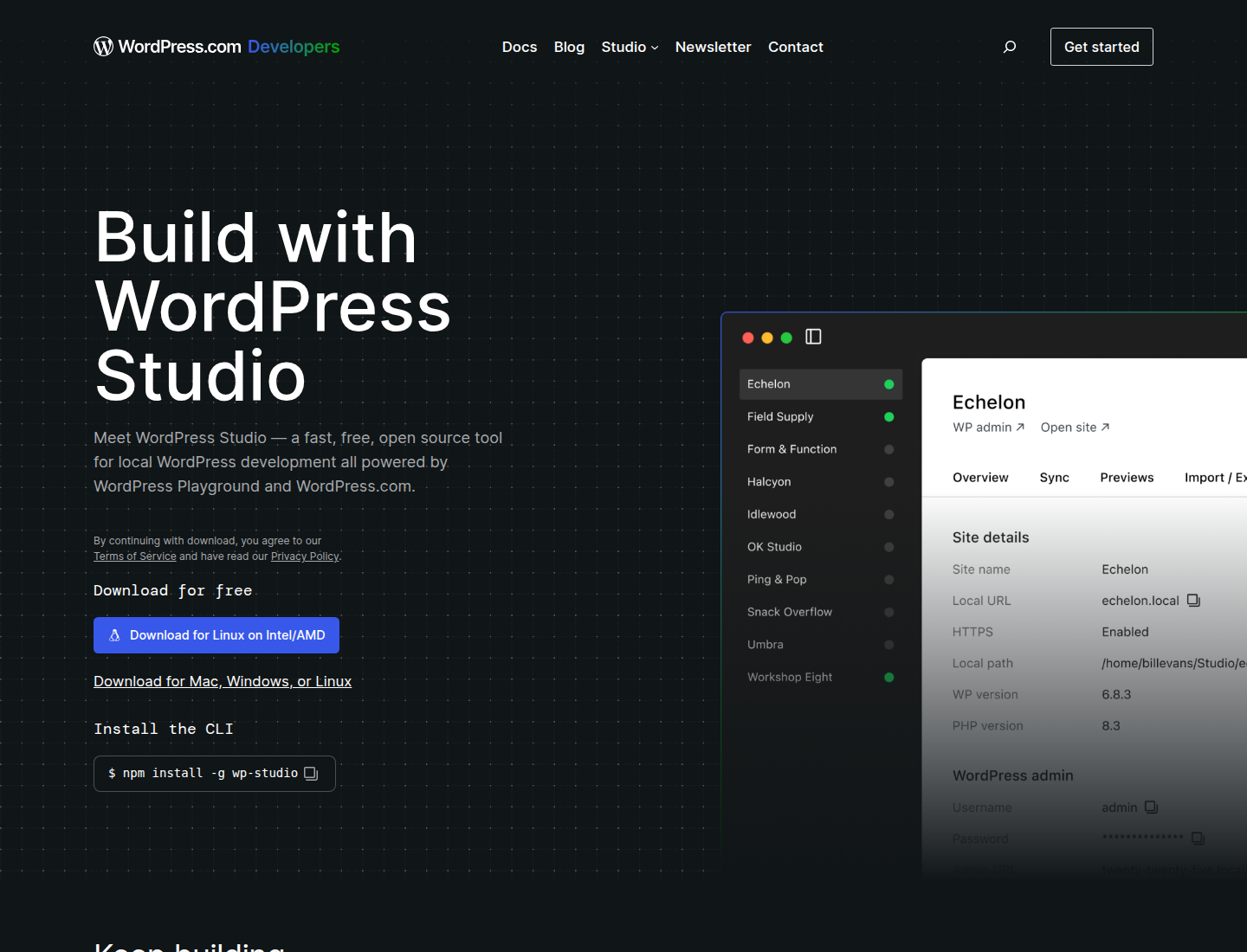 Screenshot halaman resmi WordPress Studio yang menjelaskan Studio sebagai tool local WordPress development gratis dan open source.