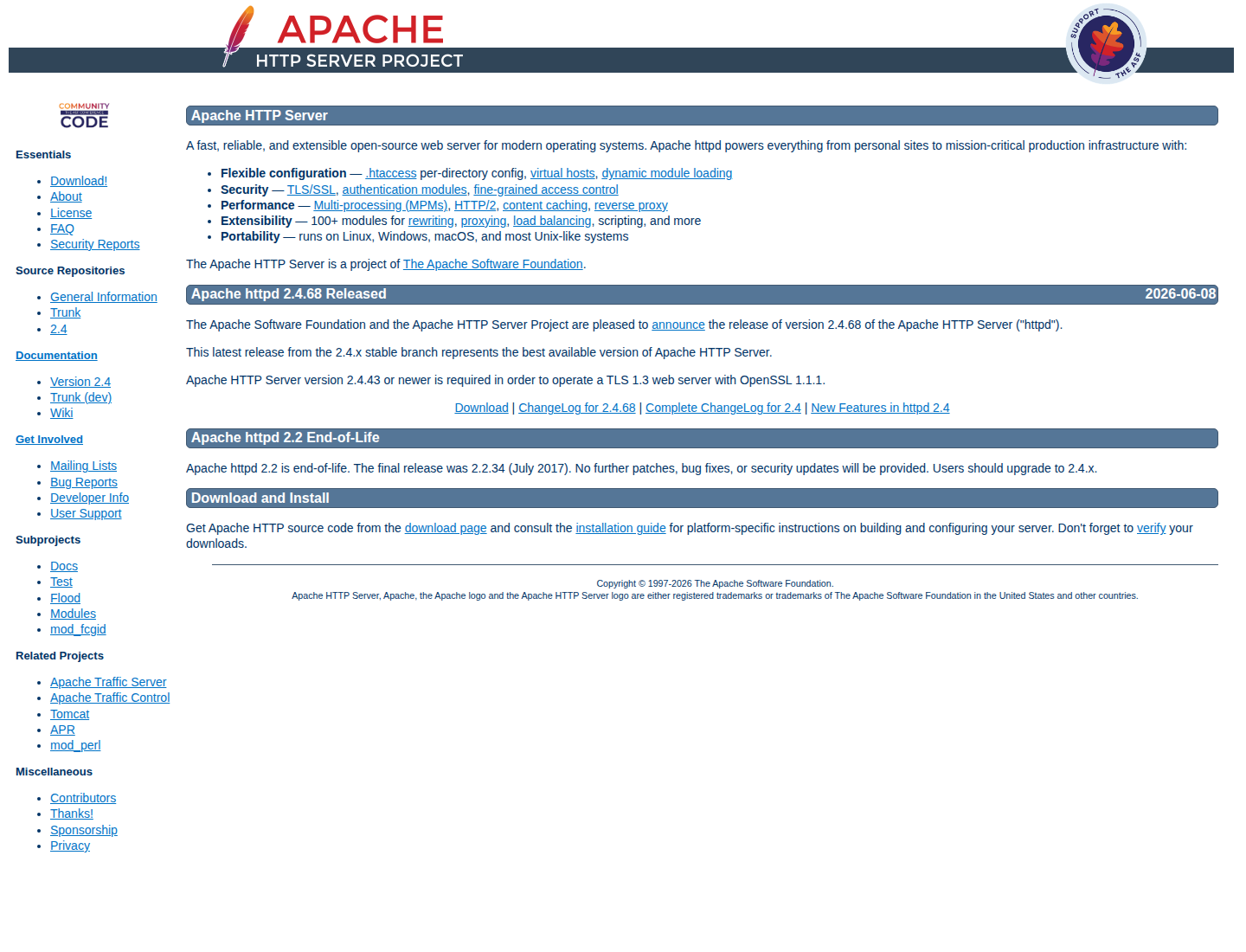 Screenshot halaman resmi Apache HTTP Server Project yang memperkenalkan web server open source Apache httpd.
