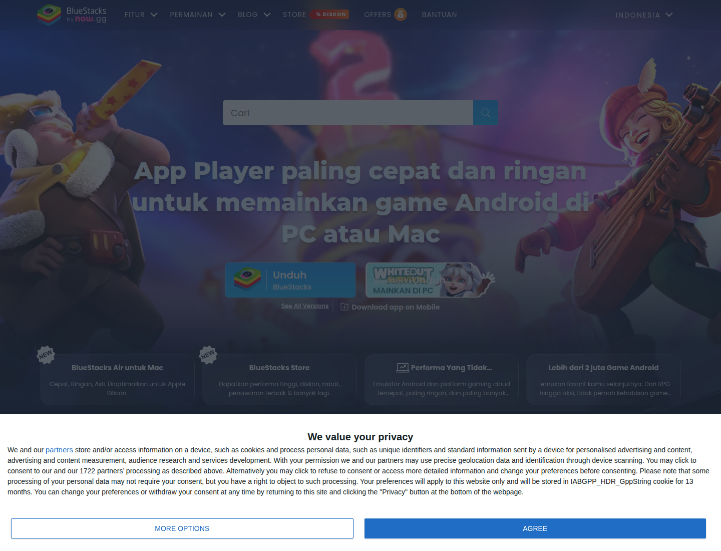 Screenshot halaman resmi BlueStacks yang memperkenalkan emulator Android untuk menjalankan aplikasi dan game mobile di PC.