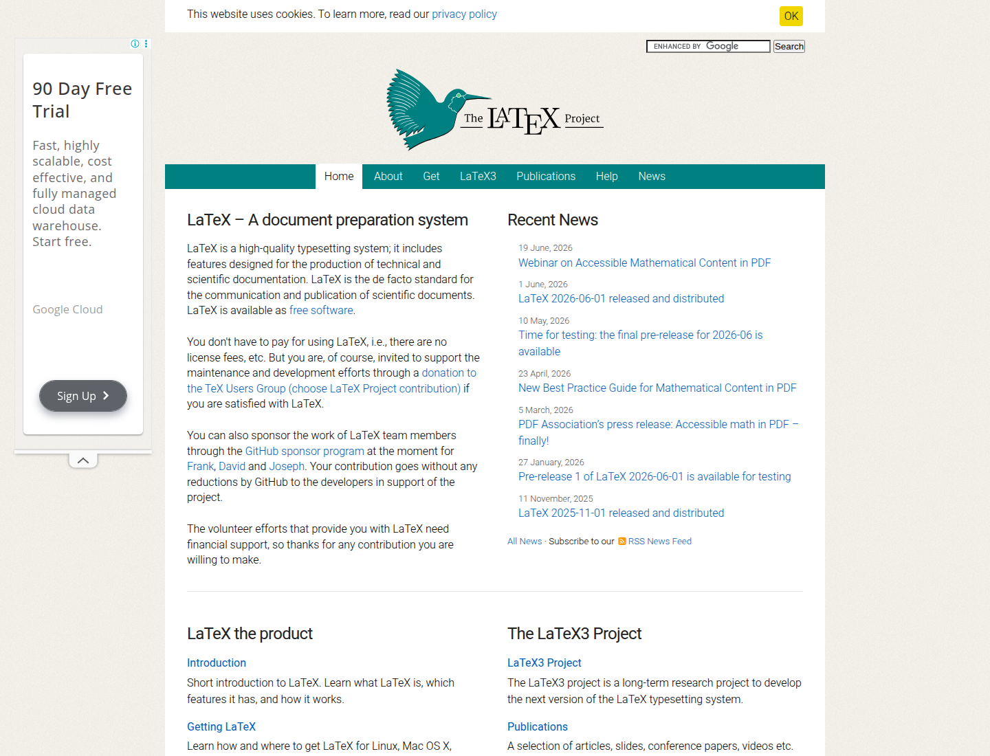 Screenshot halaman resmi LaTeX Project yang memperkenalkan LaTeX sebagai document preparation system.