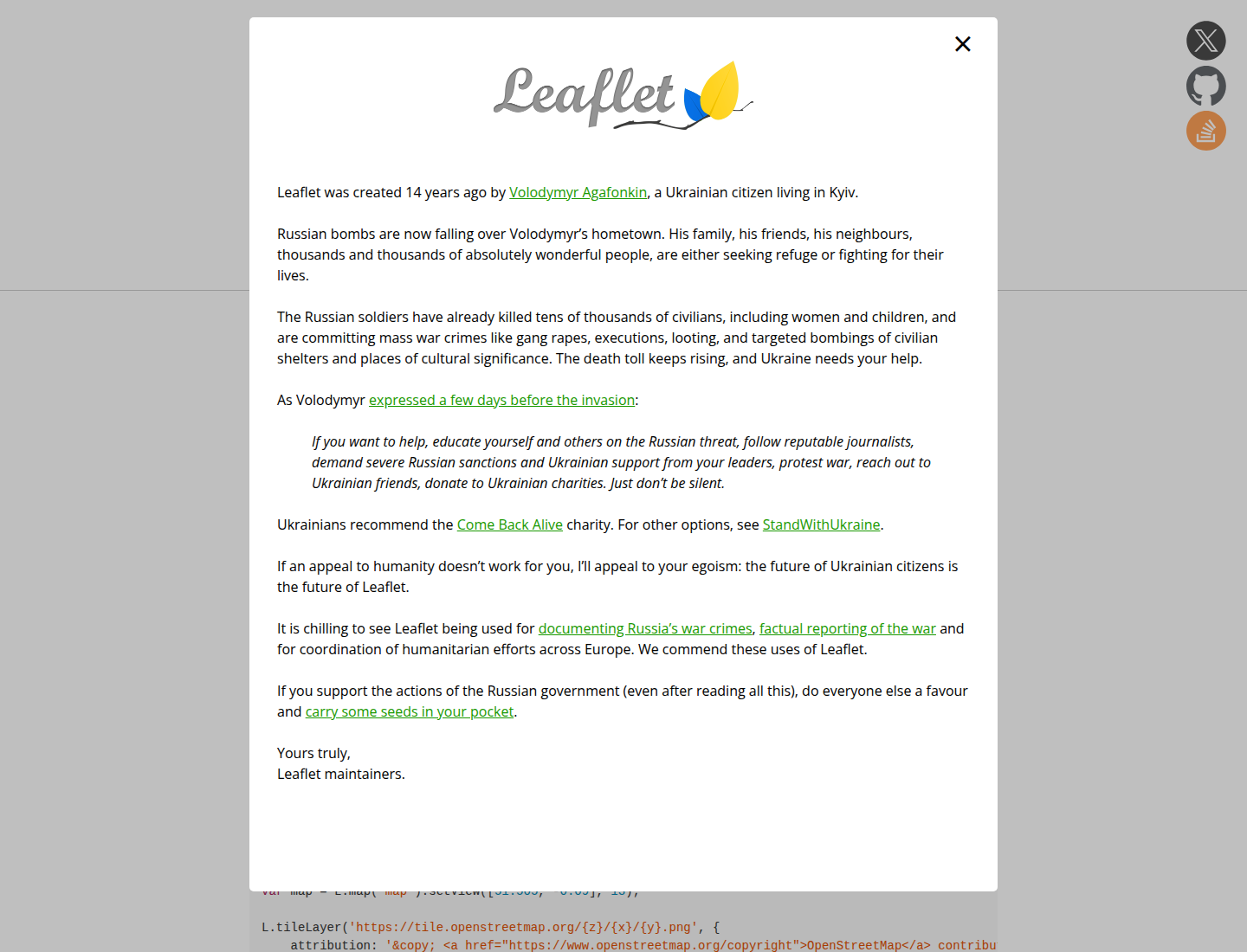Screenshot halaman resmi Leaflet.js yang memperkenalkan library JavaScript untuk peta interaktif mobile-friendly.