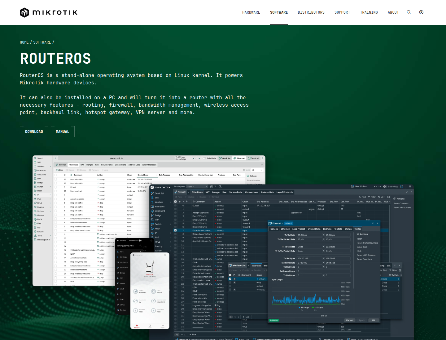 Screenshot halaman resmi MikroTik RouterOS yang memperkenalkan software router untuk perangkat MikroTik.