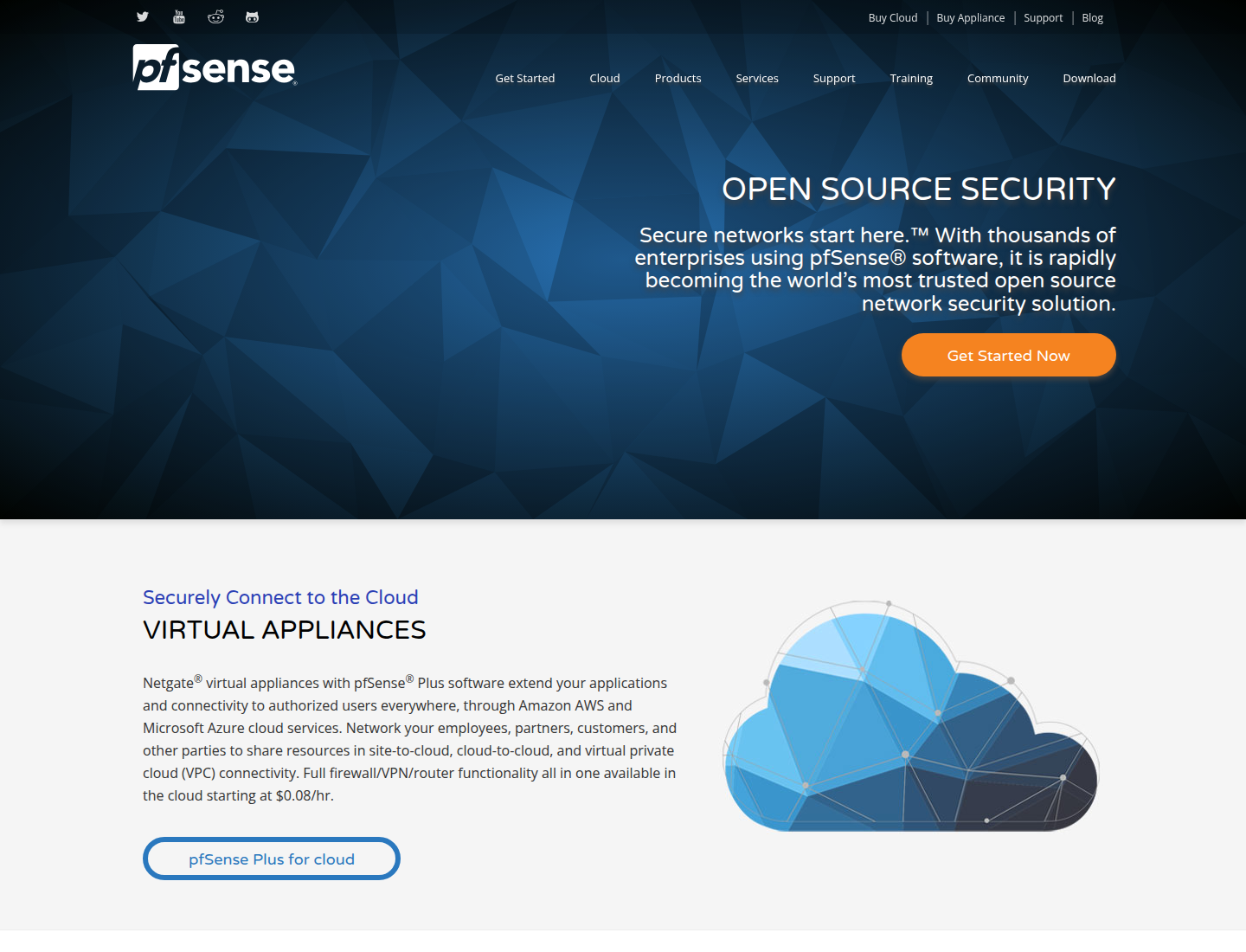 Screenshot halaman resmi pfSense yang memperkenalkan platform firewall dan router untuk kebutuhan jaringan.