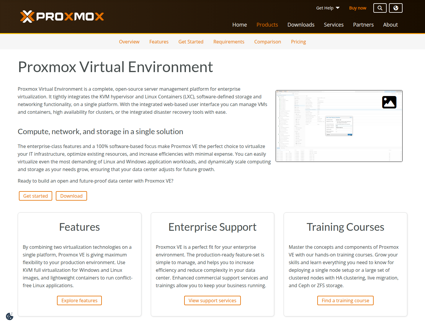Screenshot halaman resmi Proxmox VE yang memperkenalkan platform virtualisasi server open source.