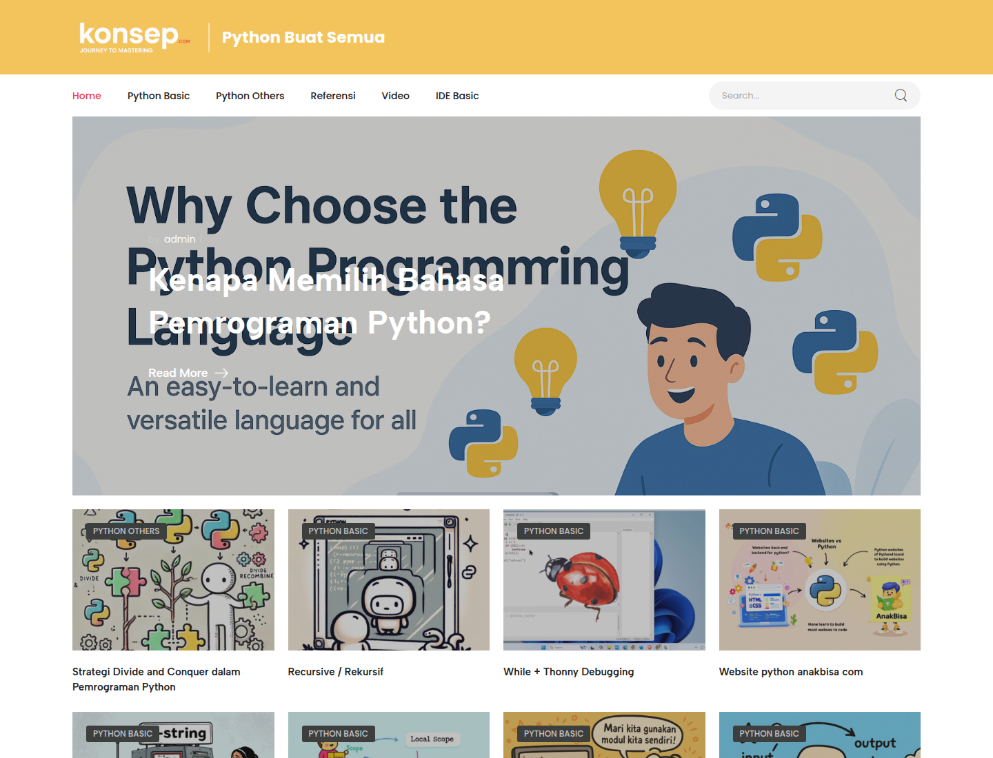 Screenshot halaman utama Python Buat Semua yang menampilkan materi belajar Python dasar untuk pemula.