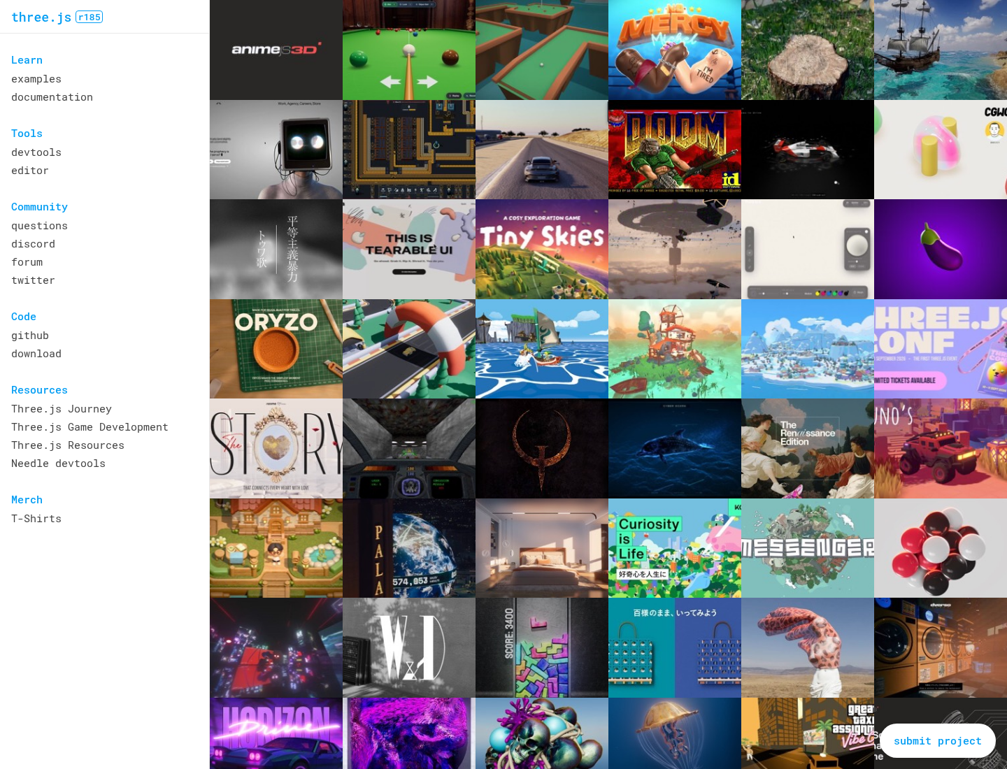Screenshot halaman resmi Three.js yang menampilkan dokumentasi, contoh, dan ekosistem library JavaScript 3D.