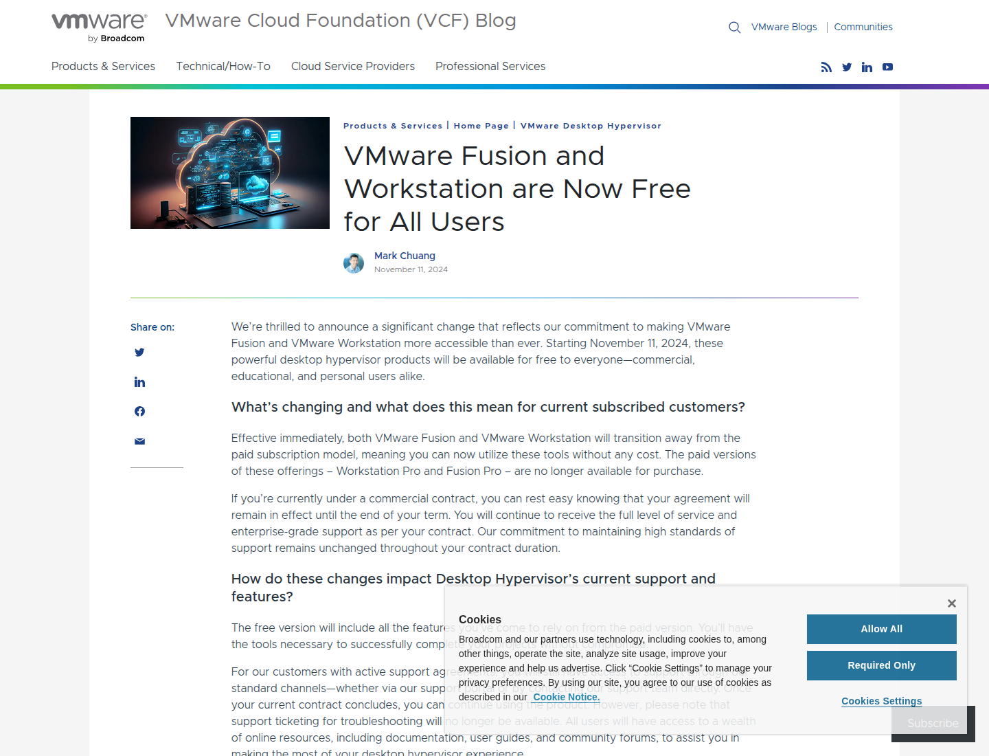 Screenshot pengumuman resmi VMware/Broadcom tentang VMware Fusion dan Workstation yang sekarang gratis untuk semua pengguna.